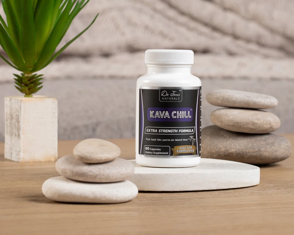 Extra Strength Kava Chill bottle on a stone tray