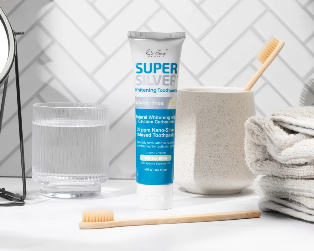 SuperSilver Whitening Toothpaste on a bathroom counter