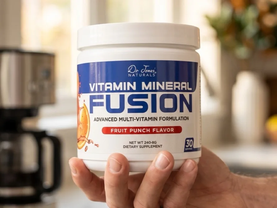 A hand holds a tub of Vitamin Mineral Fusion in a sunlit kitchen