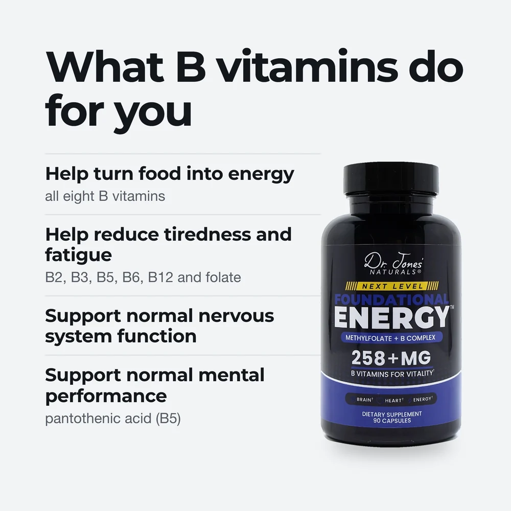 What B vitamins do for you: help turn food into energy, help reduce tiredness and fatigue, support normal nervous system function, support normal mental performance