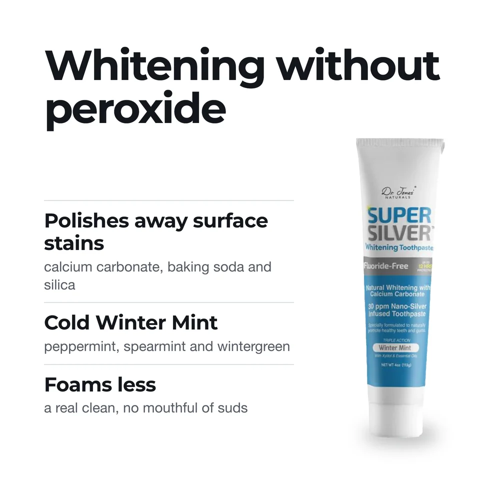 Whitening without peroxide: polishes away surface stains with calcium carbonate, baking soda and silica; cold Winter Mint from peppermint, spearmint and wintergreen; foams less